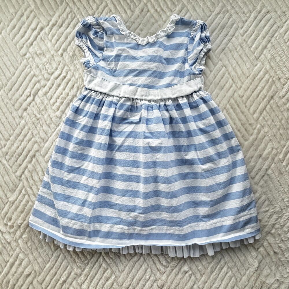 Hartstrings 3T Blue White Stripe Dress Pleated Hem Linen Blend Cute